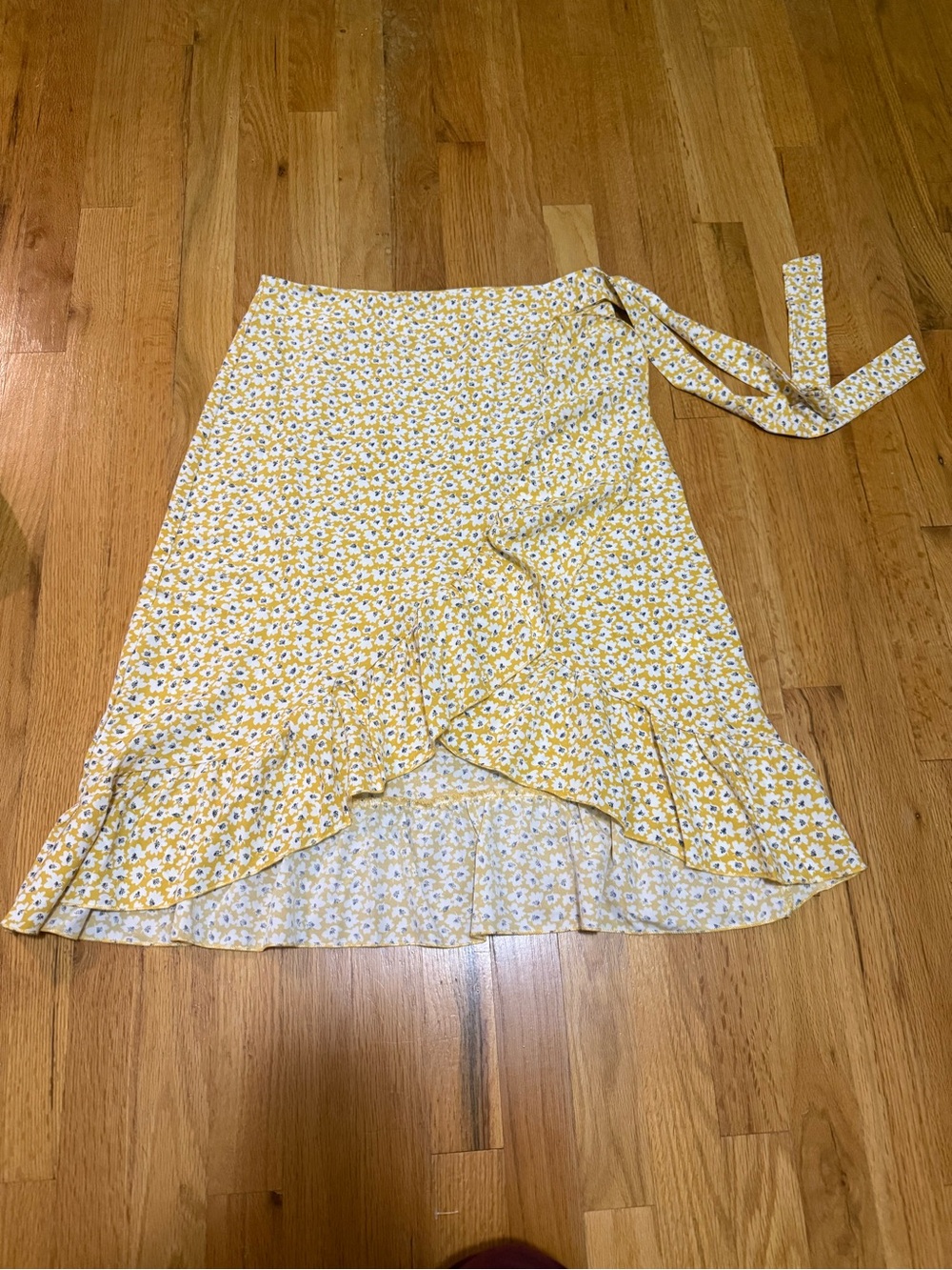 Yellow Floral High-Low Wrap Skirt with Ruffle Hem